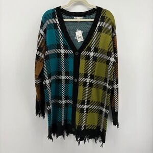 Cato Cardigan Sweater L Multicolor Plaid Colorblock Distressed Fringe V-Neck